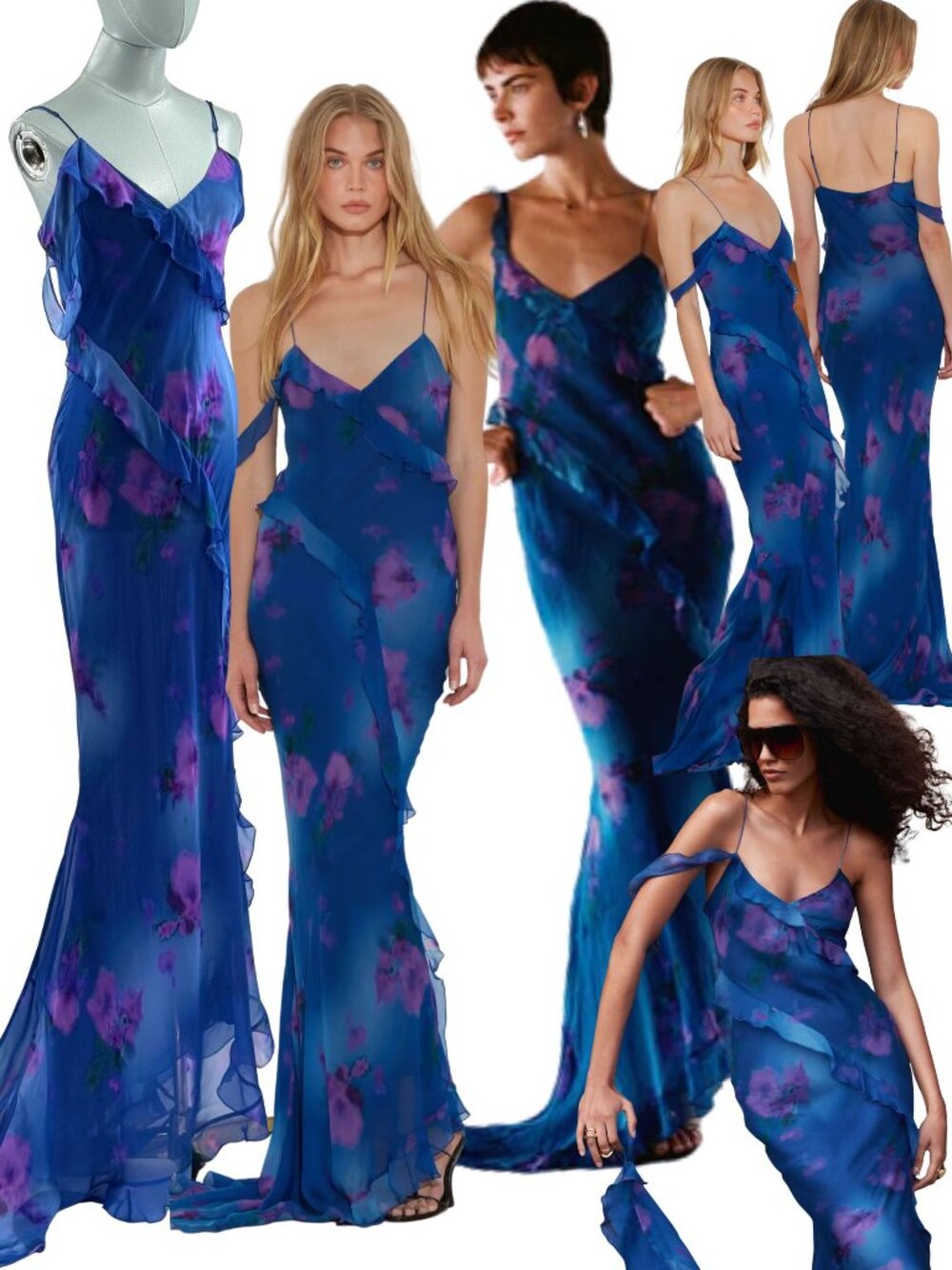 🆕 RAT & BOA 🧿 NWOT Sorrento Chiffon Maxi Dress with Train, Blue Floral - Sz XL